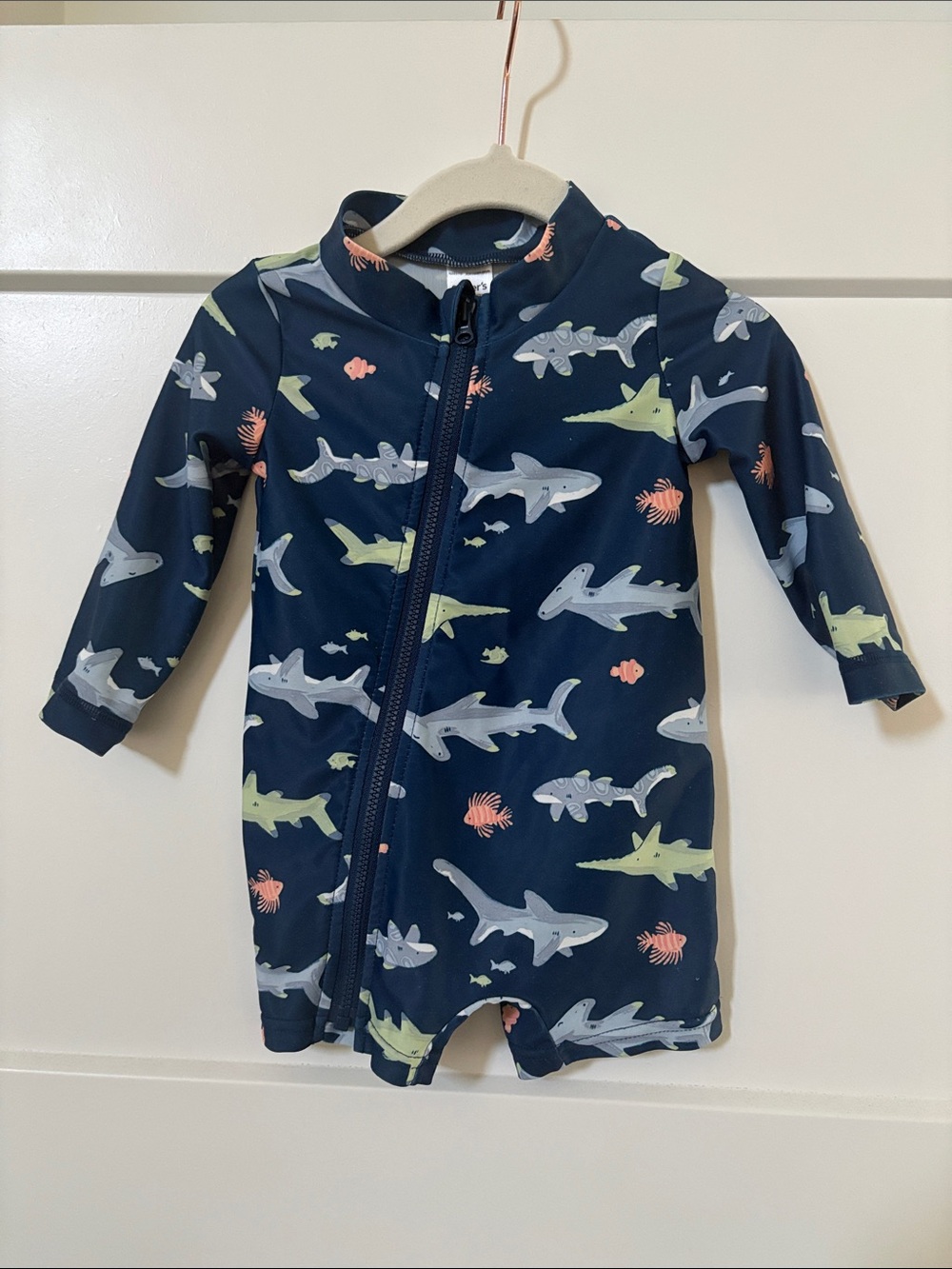 Carter’s Baby Boy Navy Shark Print One-Piece Swimsuit Rashgaurd Romper 6 Months